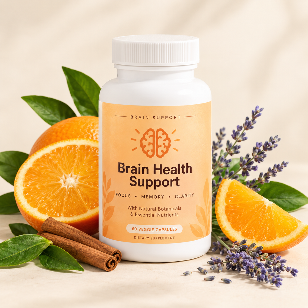 Phytomem One supplement bottle with orange slices, leaves, and cinnamon