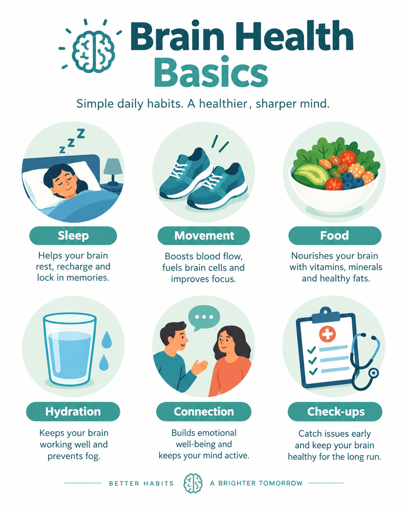 Brain health basics infographic with sleep, movement, food, and check-up icons