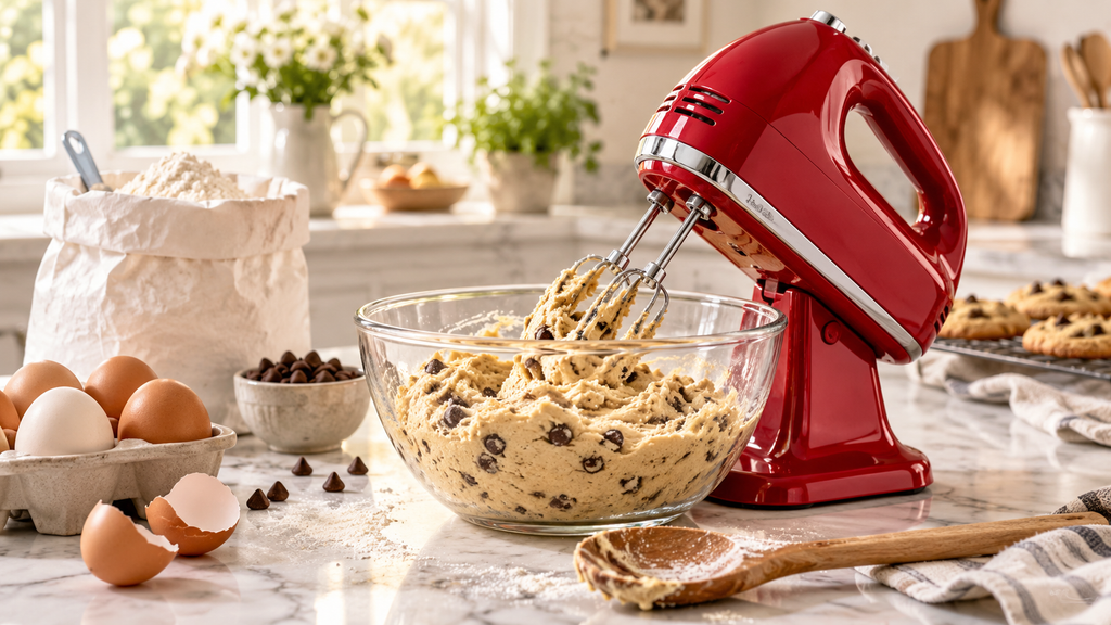 Candy apple red hand mixer on a marble counter beside a bowl of cookie dough