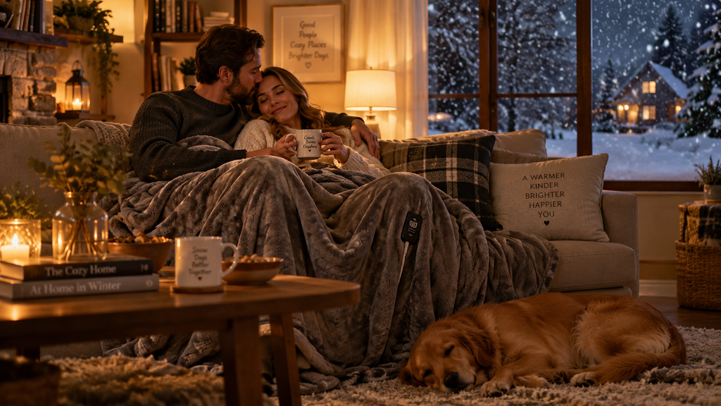 Couple and dog under a heated throw on a snowy evening