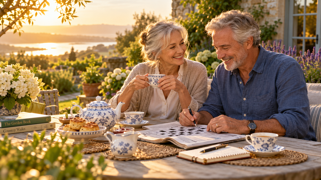 Older couple doing a crossword on a garden patio