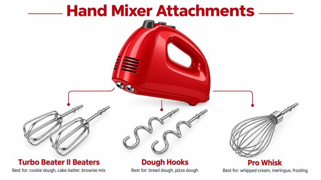 Diagram of hand mixer attachments and their uses