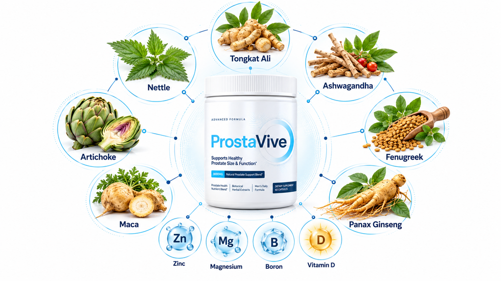 ProstaVive formula ingredients including ginseng nettle maca fenugreek zinc magnesium and vitamin D