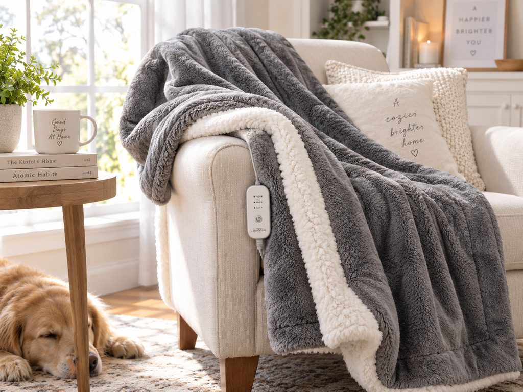 Beautyrest reversible sherpa heated throw on an armchair