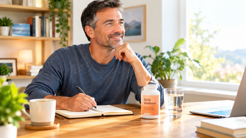 Person at a desk with a notebook, tea, and a supplement bottle in morning light