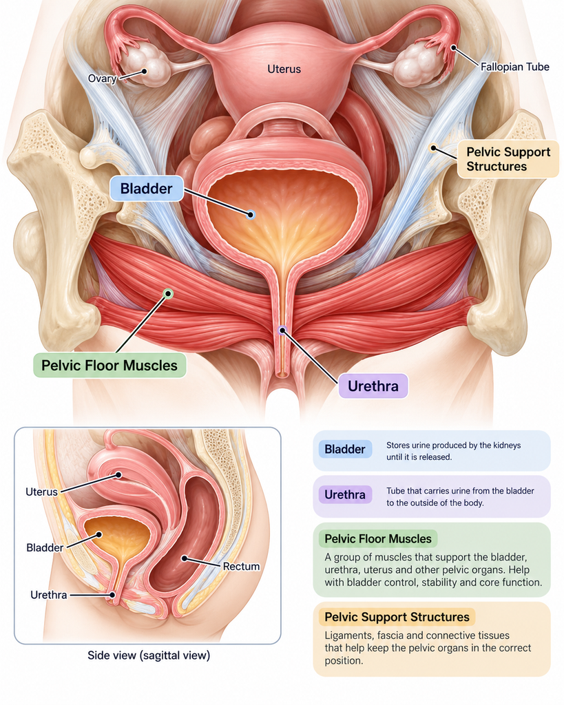 Educational female bladder and pelvic floor anatomy diagram showing the bladder, urethra, and supporting muscles